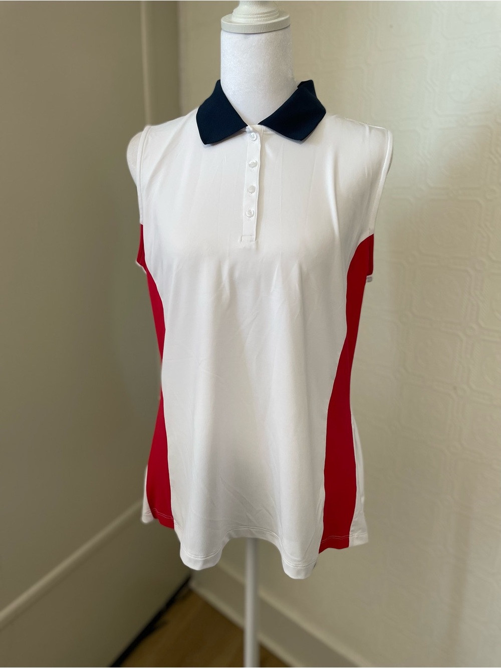 Lady Hagen White Sleeveless Polo with Navy Collar and Red Side Panels